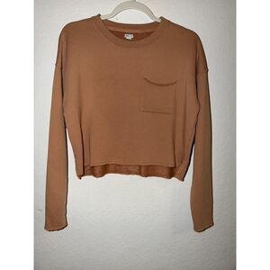Aerie Terry Cloth Cropped Crew Neck Sweatshirt XS Tan Brown Pocket Pullover
